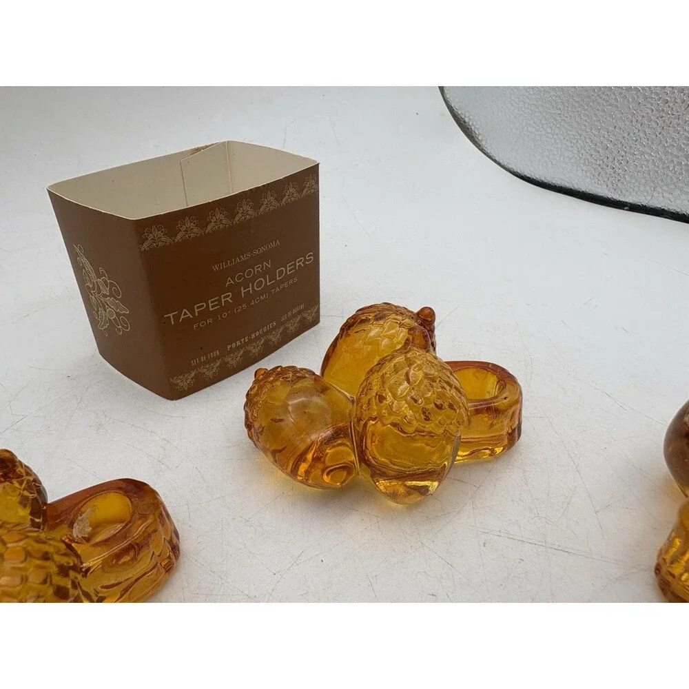 Williams Sonoma Amber Glass Acorn Taper Candle Holders Set 4 Fall Decor
